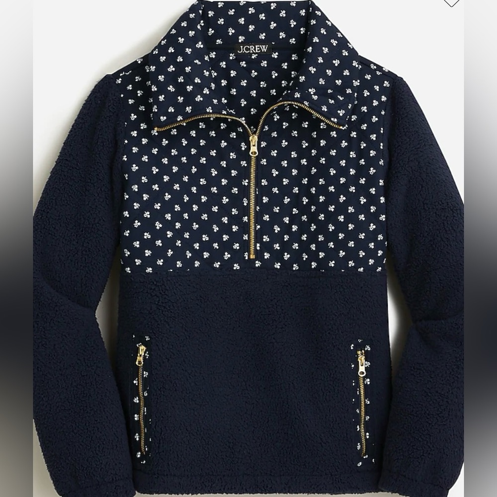 J. Crew Navy Blue and White Quilted Sherpa Fleece Turtleneck half-zip Pullover